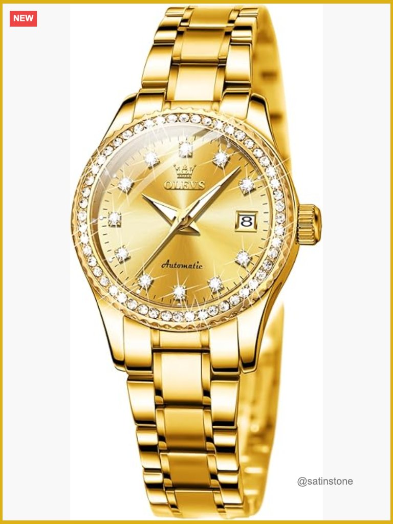 Womens Automatic Watch Gold Stainless Steel Diamond Luminous Date